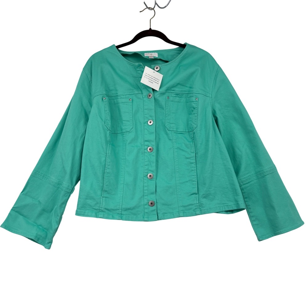 Belle by Kim Gravel Denim Jacket Women 3X Green Collarless Button Front A303555
